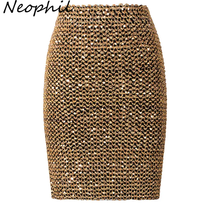 Neophil 2018 Spring Women Sequined Patchwork Shinny Pencil Mini Skirts High Waist Black Party Sexy Bandage Girls Long Saia S1802
