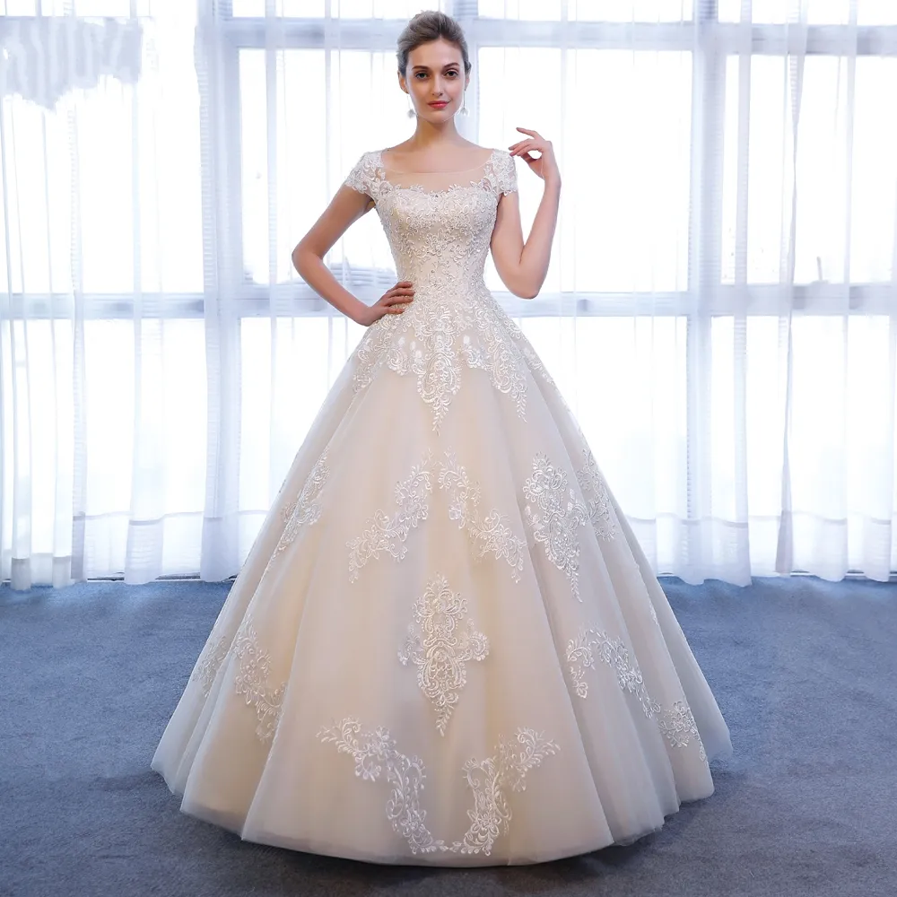 Robe de bal en dentelle Tulle Champagne robe de mariée bijou cou Corset dos longueur de plancher femmes formelle pays robes de mariée sur mesure