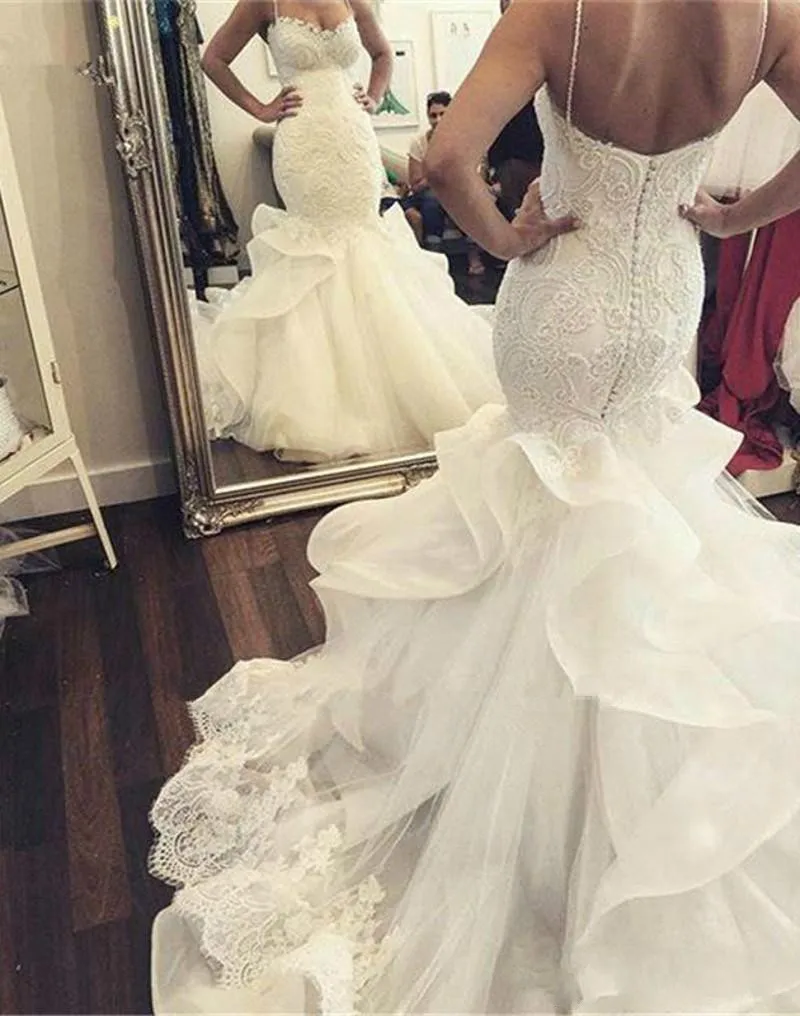 Exquisite Afraic Spaghetti Straps Mermaid Wedding Dresses Sexy Lace Ruffle Plus Size Country Saudi Bridal Gown Dubai African Bride Custom