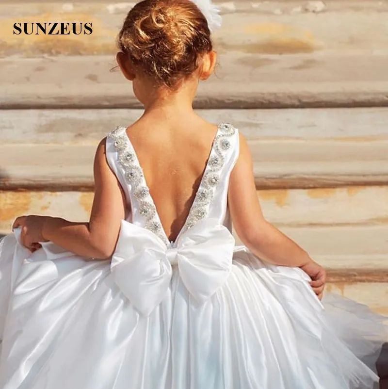 High-Low Satin Flower Girl Dress with beaded anklet Neckline and Short/Long Back - Perfect for First Communion and Special Occasions