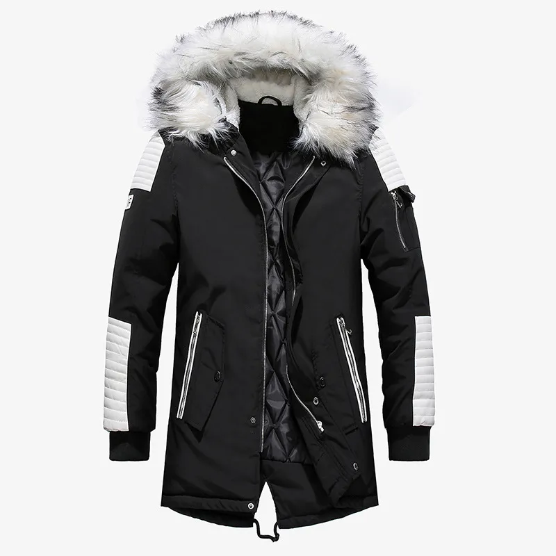 2018 veste d'hiver hommes col de fourrure à capuche surdimensionné noir Long Parka manteaux Pu épaissir coupe-vent chaud veste matelassée