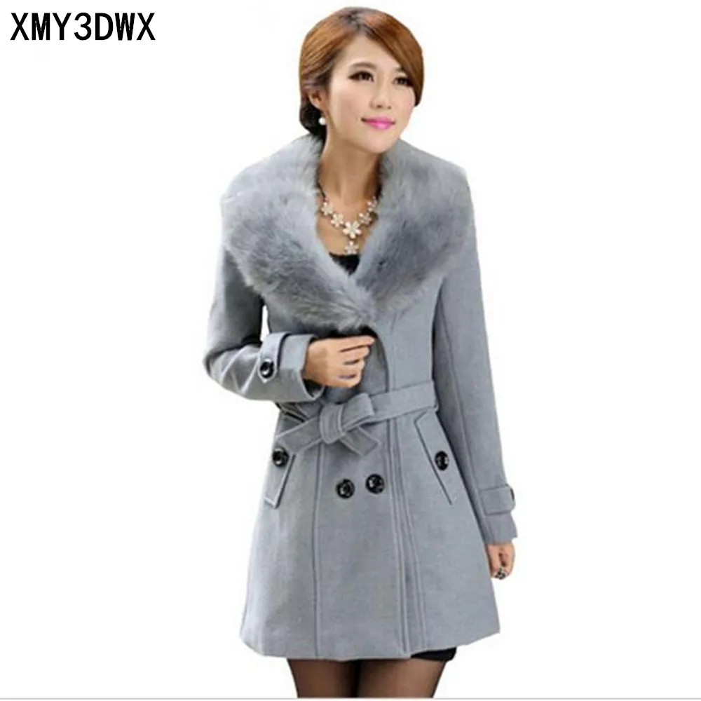 Vinterrock Kvinnor 2017 Ny mode Slim Big Fur Collar Double-breasted Women Wool Blandad Varm OuterWea Plus Size M-5XL