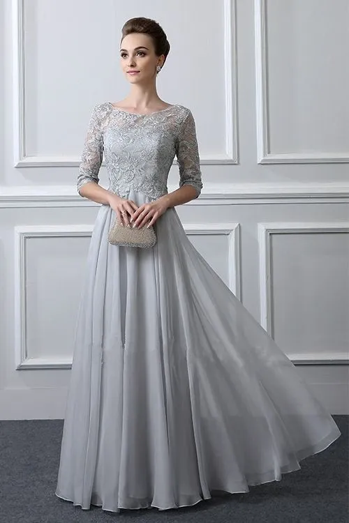 Ruban dentelle mère du marié robes avec manches 3/4 une ligne en mousseline de soie robes d'invité de mariage 2020 mères soirée tenue de soirée