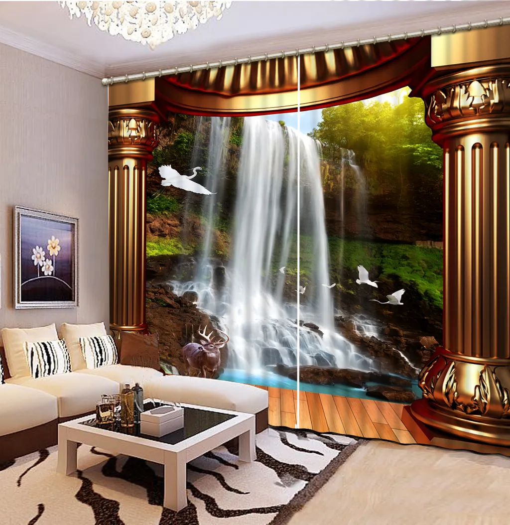 Cortinas Janela 3D Cachoeira Roman coluna Paisagem Cortina Para Sala de estar Quarto Luxo Estilo Europeu