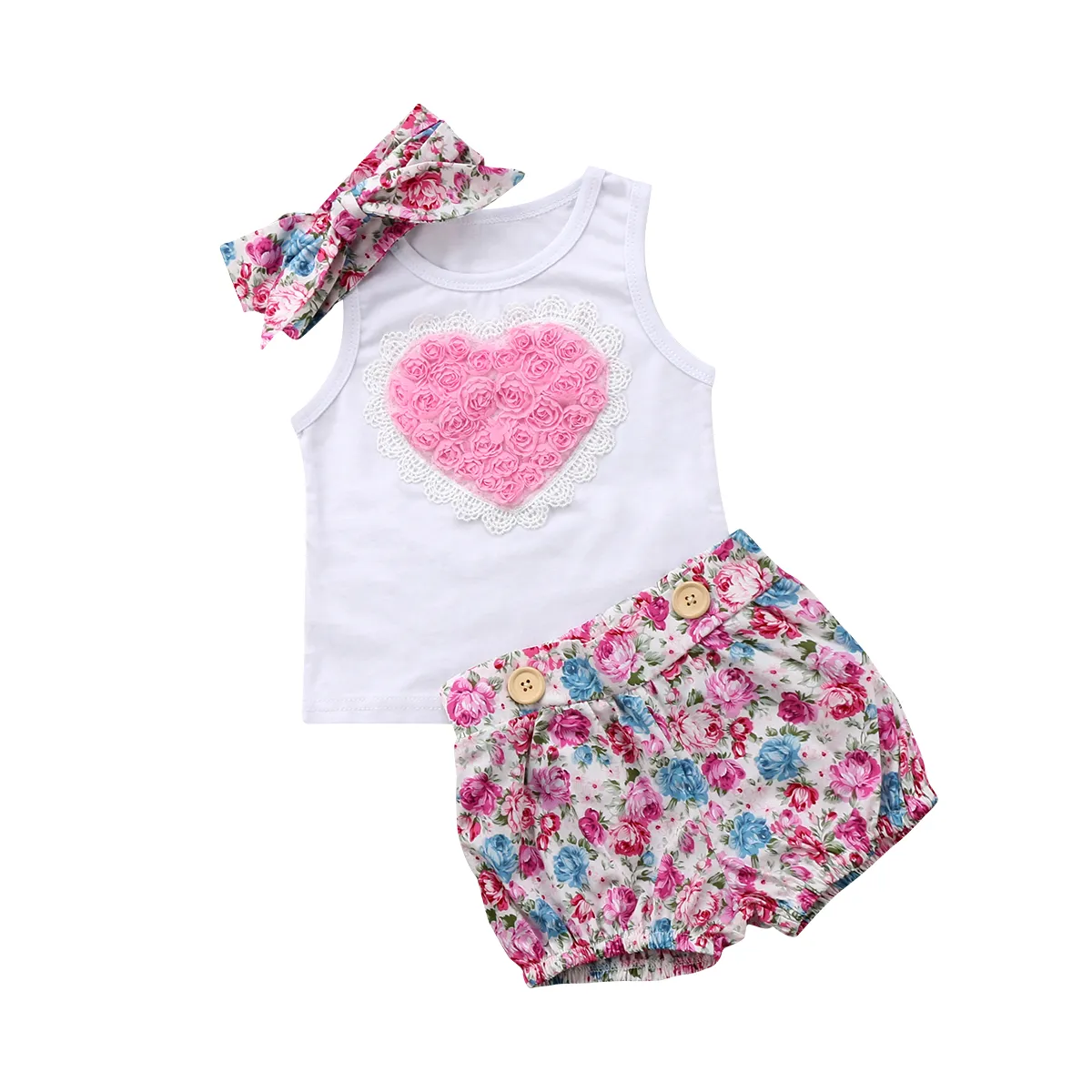 Rosa Floral niños niñas vestido trajes ropa Tops chaleco pantalones cortos diadema 3 uds conjunto rosa corazón familia ropa a juego niño