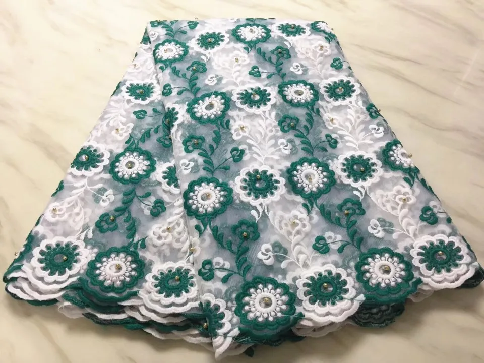 5yards pc gute verkauf weiß und grün blume design französisch tüll stoff mit perlen afrikanischen mesh material für kleid bn1021