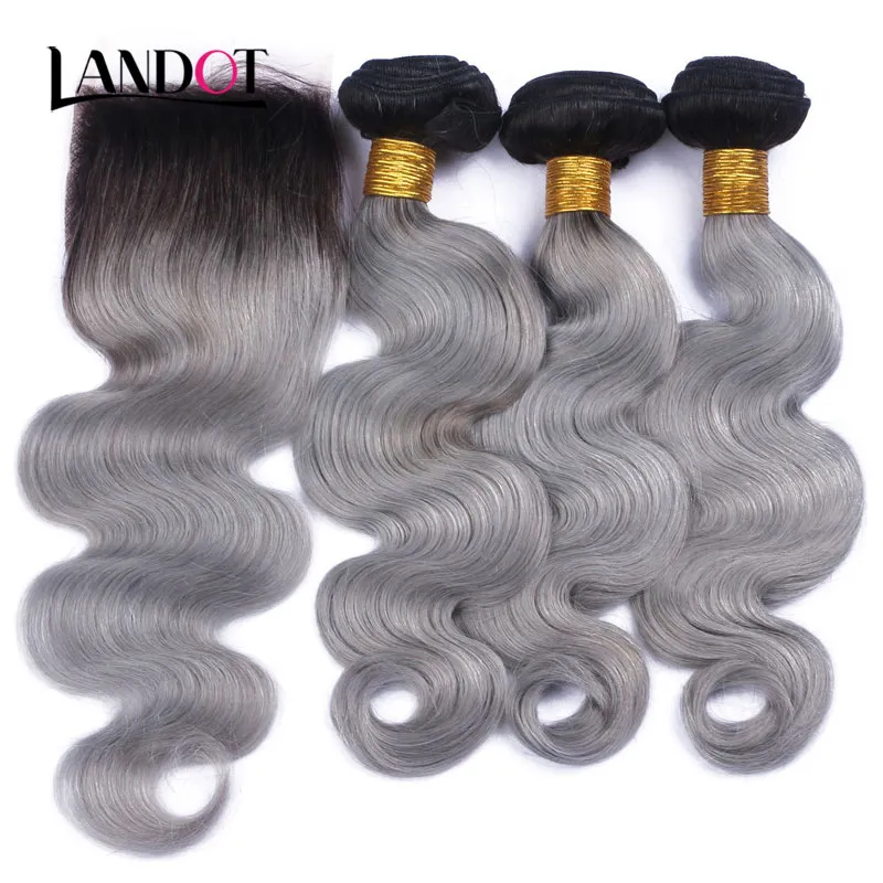 9a Ombre Brasilianska Virgin Human Hair Weaves 3 buntar med spetsavslutningar Body Wave Ombre 1B / Grey Peruvian Malaysian Indian Hair Extensions