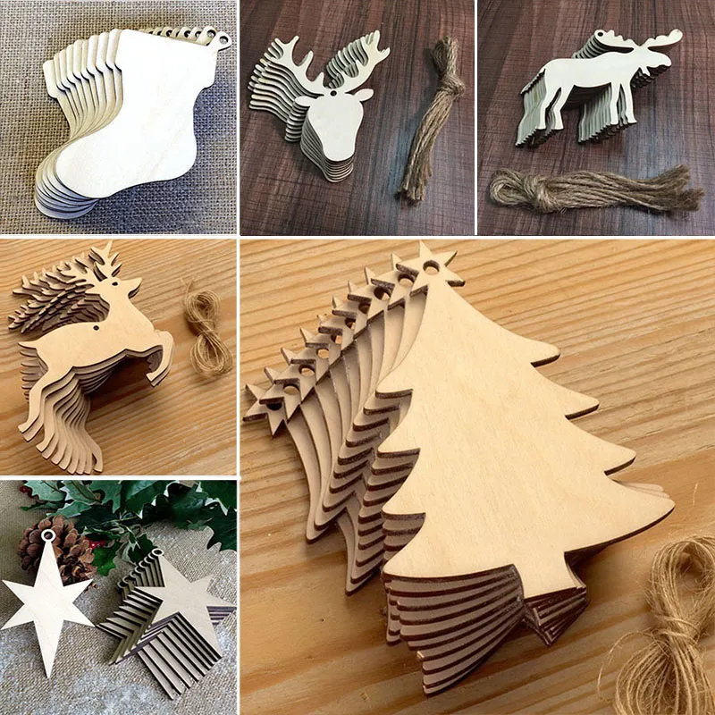 Christmas Tree Ornaments Wood Chip Wholesale Snowman Tree Deer Socks Hanging Pendant Christmas Decoration Xmas Gift 10 pcs/Lot WX9-123