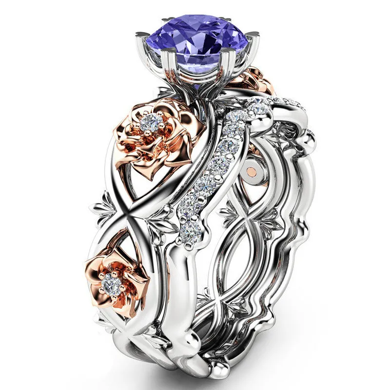 Silver Plated Set Crystal Wedding Rings Lovers Gifts Rhinestone Rings for Women Rose Flower Ring SJ