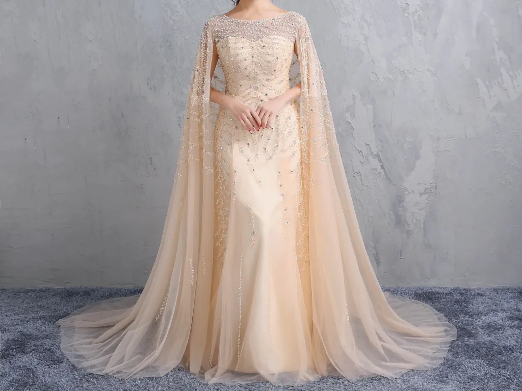 A-Line Long Luxury Champagne Shawl Shawl Heavy Handmade Bead Prom Dresses Round Neckline To The Formal Evening Dress HY028