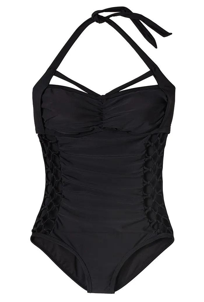 Sommaren plus storlek bikini halter nacke ruffle rutnät design svart mörk marin en bit baddräkter billiga underkläder uppsättningar med 7738907