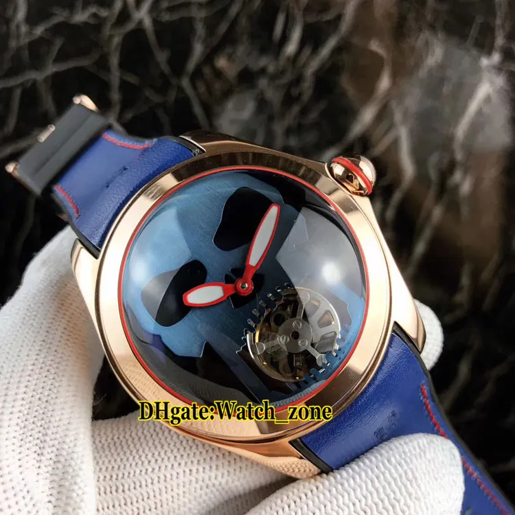 46MM Bubble Skull Head Automatic Tourbillon Blue/Black Dial Mens Watch Rose Gold Leather Strap High Quality Wristwatches