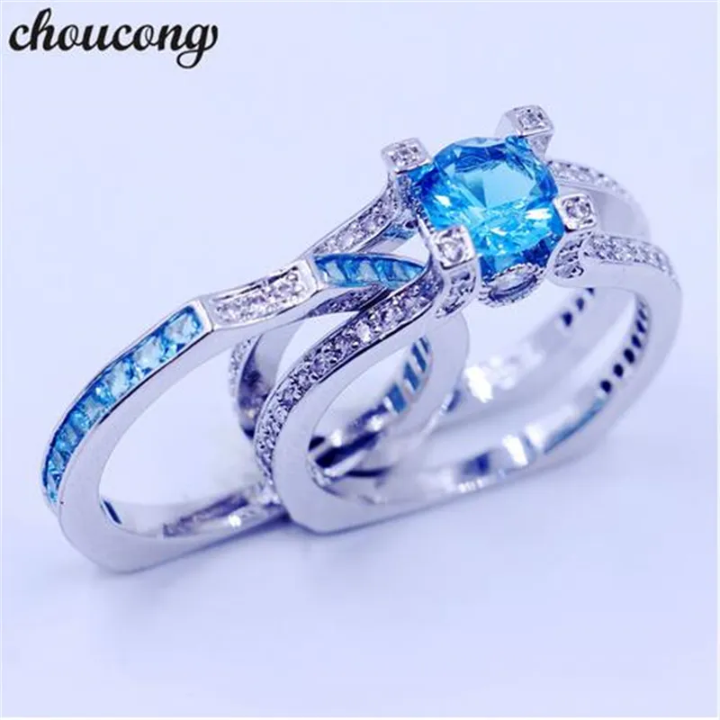 Choucong Kobiety Wedding Sets Bridal Zestawy Ring Sky Blue 5a Cyrkon CZ 925 Sterling Silver Birthstone Zespół zaręczynowych Pierścienie dla kobiet Mężczyźni