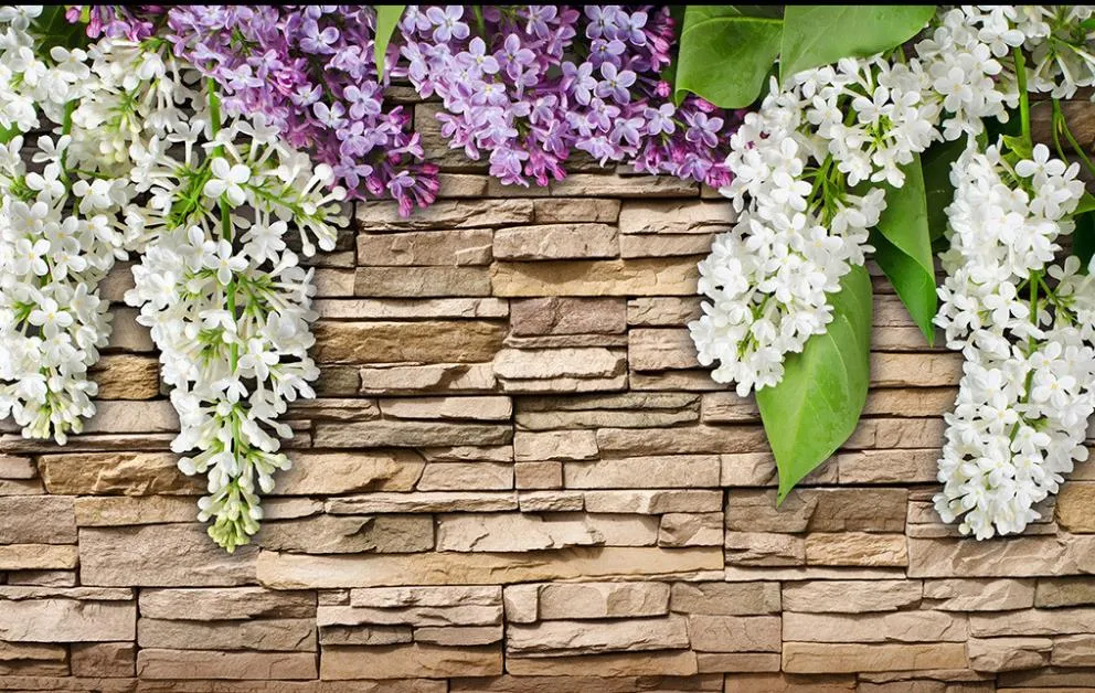 Aangepaste foto behang ktv originele stenen muur bloem wijnstok lila bloem decoratieve schilderij achtergrond muur papier 3d behang muurschildering muur pa