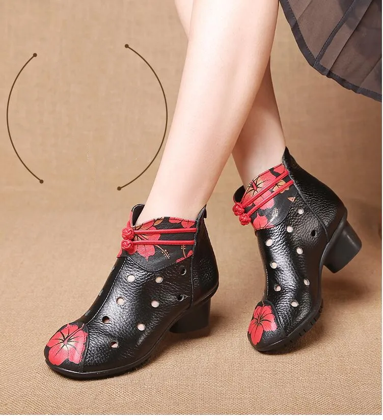 Lente zomer Vintage Stijl Echt Leer Vrouwen Laarzen Mid Hakken Laarsjes Zachte Koeienhuid Damesschoenen Winter Zip Enkellaarsjes Zapatos Mujer