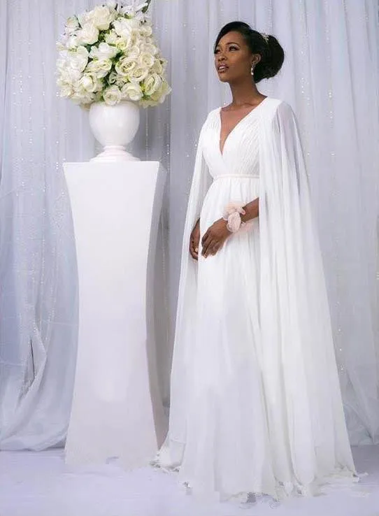Vestidos De Novia Blancos De Una L nea Con Capa 2019 Gasa Modesta