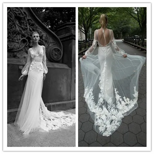 Wspaniały Dor Dror Linia Suknie Ślubne V Neck Aplikacje Illusion Backless Suknie Ślubne Sweep Pociąg Custom Made Wedding Dress