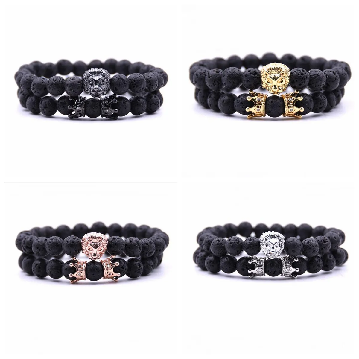 2 st / set Animal King Lion Head Lava Sten Armband Svart Natursten Crown Par Braclet Set för män Hand Smycken Tillbehör