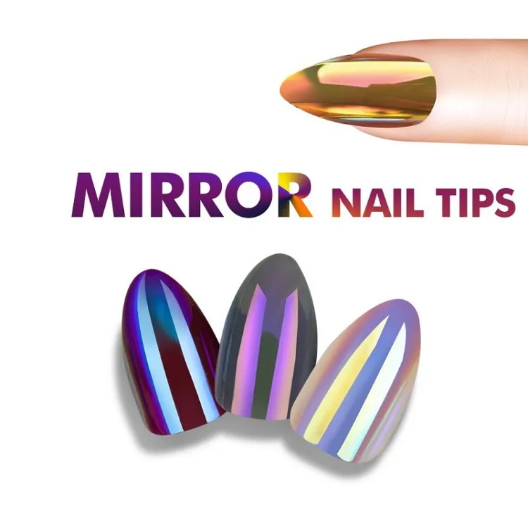 Fashion Mirror Chrome Fake Stiletto Nails Tips Reflektion Falsk Nail Magic Mirror Effect Almond Fake Nails