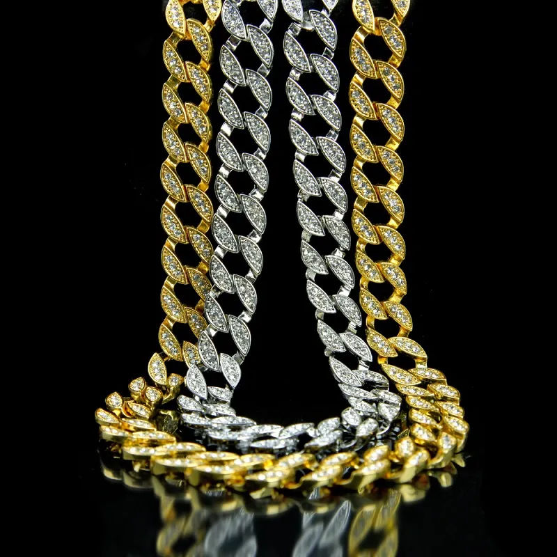 Iced Out Hip Hop Bling Łańcuchy Biżuteria Mężczyźni Rhinestone Crystal Gold Silver Miami Cuban Link Łańcuch Naszyjnik