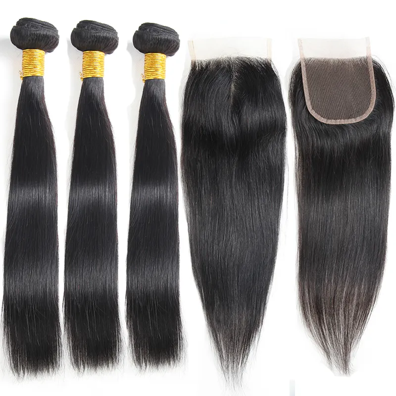 Straight Raw Virgin Indian Human Hair Buntlar Wirh stängning 100% obearbetade indiska raka hårbuntar med 4x4 spetsslutning