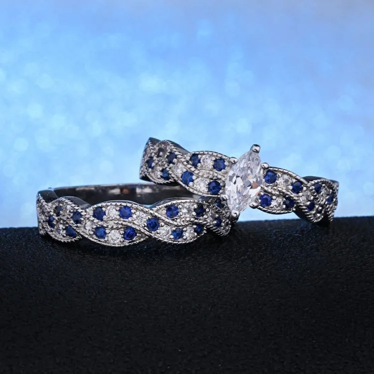 Ny ankomst lyx 2st Set Classic Marquise Cut Silver Plated Diamond CZ Engagement Wedding Ring Set Smycken Storlek 6-12297B