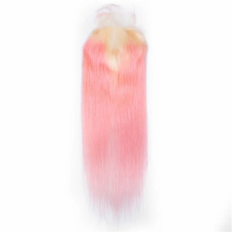 Brasilianisches Echthaar #613/Pink Ombre, 3 Bündel mit Verschluss, glatt, blond und rosa Ombre, 4x4-Spitzenverschluss mit unbehandeltem Haar