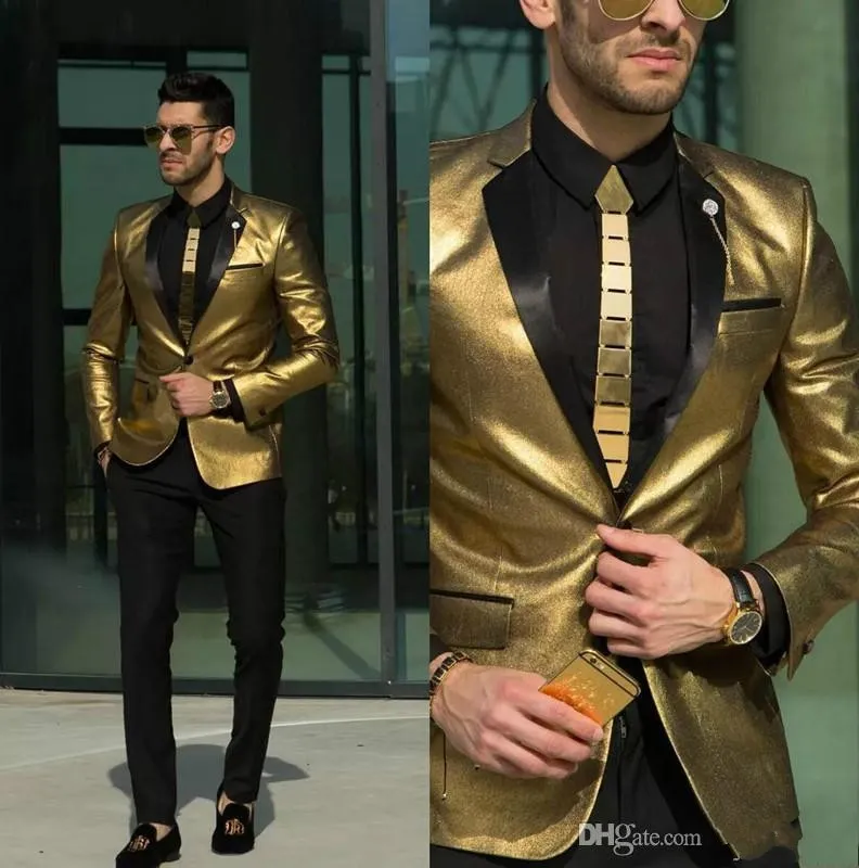 New Fashion Shiny Gold Slim Fit Groom Tuxedos Excellent Men Wedding Blazer High Quality Men Business Dinner Prom Party Suit((Jacket+Pants)26