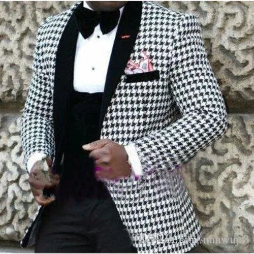 Houndstooth mannen 3 stuk pak bruiloft smoking excellent bruidegom smoking met zwarte sjaal revers heren business prom blazer (jas + broek + tie + vest) 9