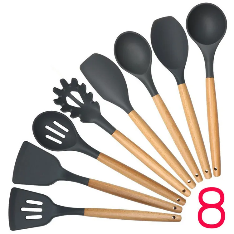 Nouveaux ustensiles de cuisine en silicone avec manche en bois pour la cuisine spatule à fente spatule cuillère louche spaghetti outils ensembles de cuisine 100 ensembles IB691