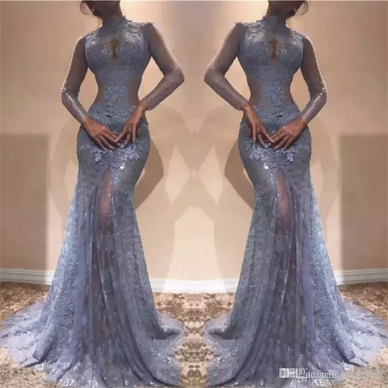 Zuhair Murad Gorgeous Prom Dresses 2020 Full Lace High Neck Mermaid Illusion Långärmade Ser genom kvällsklänning Lavendel Party Gowns