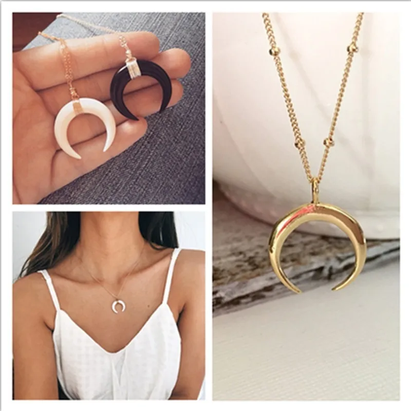 Moda Nueva collar de oro Maxi Crescent Long Luna Collar Doble Cuerno Collar para mujer Charm Jewelry
