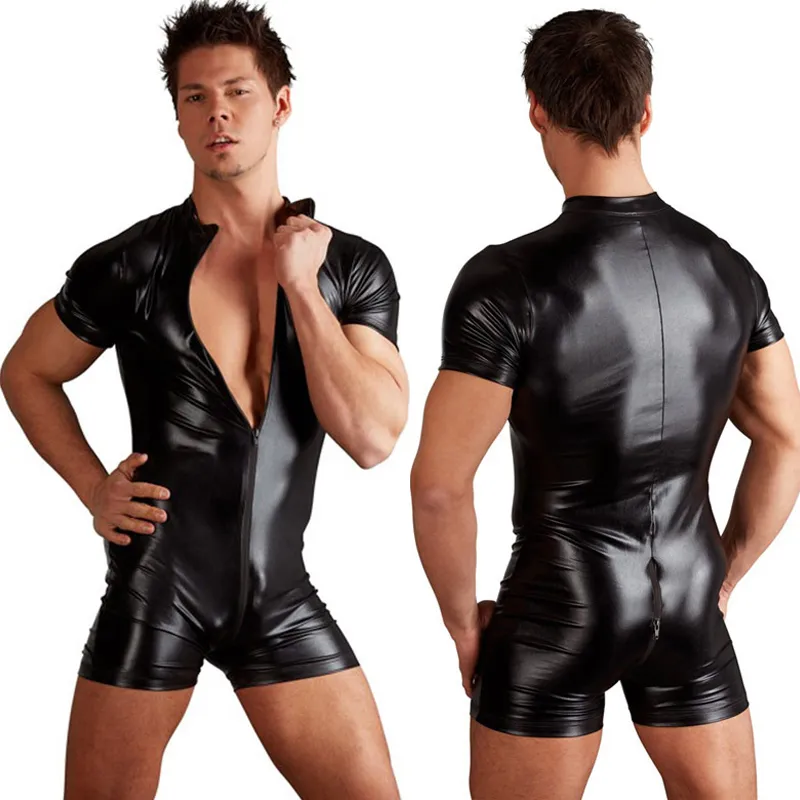 Lencería sexi para hombre, Catsuit de piel sintética de PU, ropa interior de peluche con cremallera frontal de manga corta, mono erótico de una pieza con entrepierna abierta