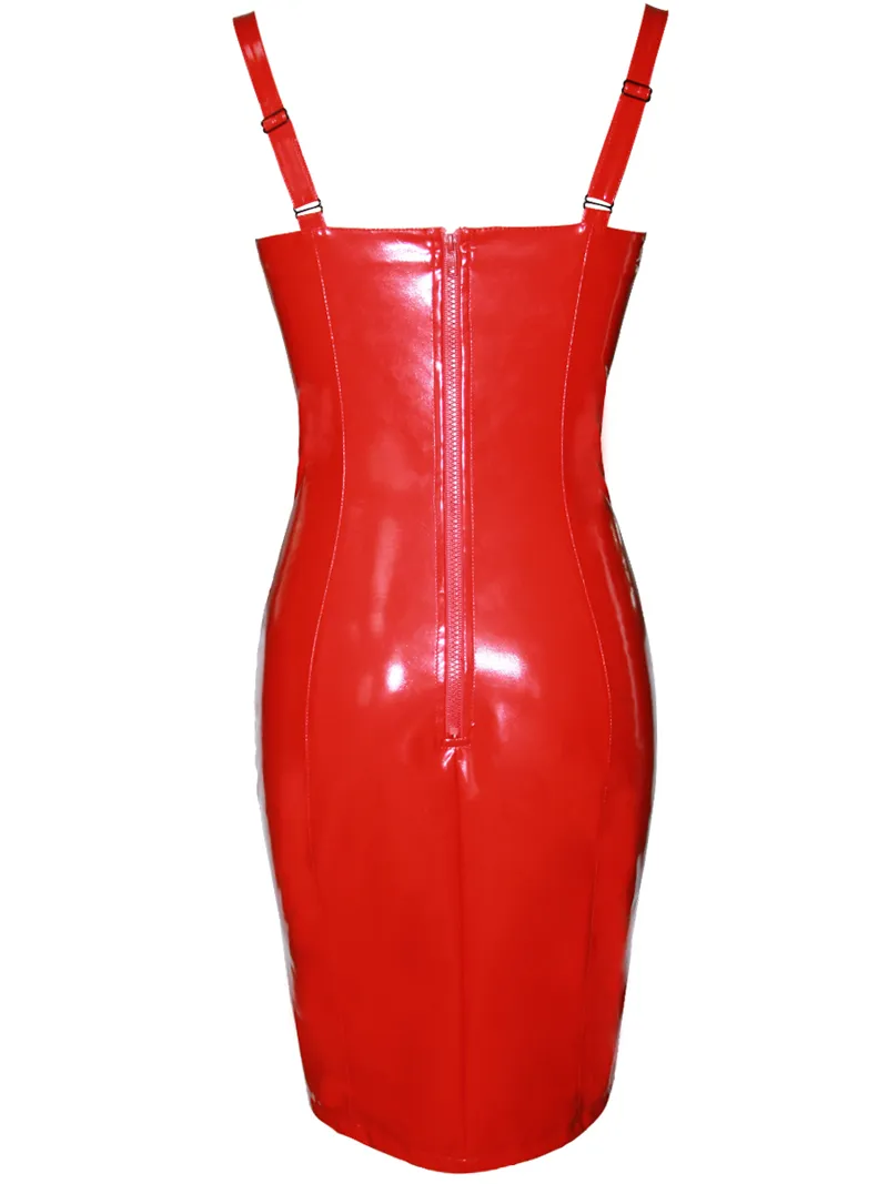 Mini abito da donna in pelle nera rossa con fasciatura in pelle PVC Sexy scollo a V profondo con cinturini aderente aderente Abito da sfilata di moda Abiti da festa