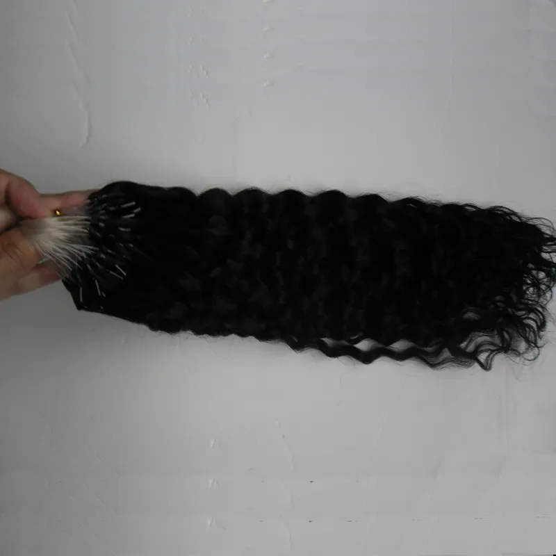 1 g sträng 100 gram paket Mikroring Loop Hårförlängning Färg 1 Tippad Remy Human Hair Deep Curly Links Extensions8140356