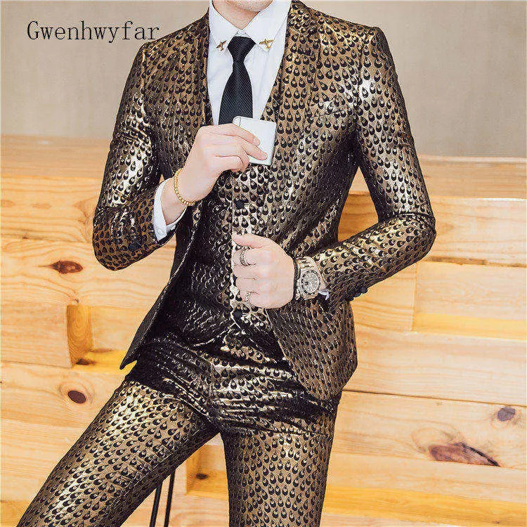 Gwenhwyfar 2018 costumes hommes vêtements de scène hommes brillant 3 pièces costume ensemble bal fête chanteur hommes smoking vestes pantalon gilet de luxe Blazer