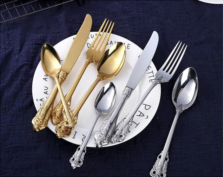 High-grade retro flatware set silver and gold stainless steel cutlery set knife fork spoon 5-piece dinnerware set tableware sets243S