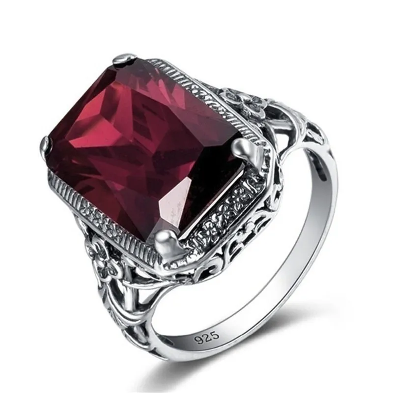 2018 Vintage Garnet Ruby Red Stone Silver Plated Ring Size 100% Pure Color Silver Rings for women Jewelry