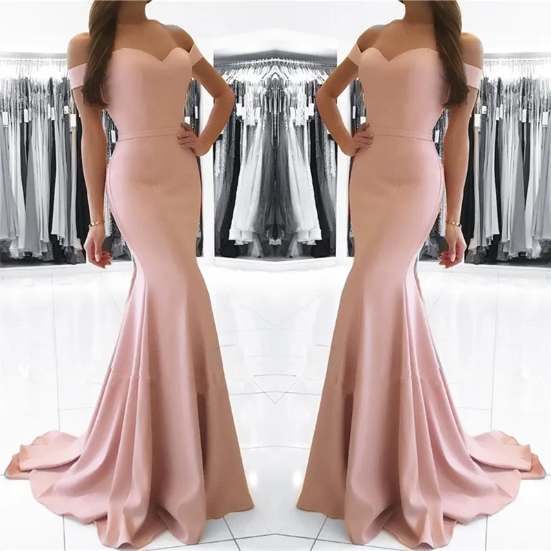 2022 Mermaid Blush Pink Off the épaule Robe de soirée formelle simple élégant satin long lacet-up de retour sous 100 robe de demoiselle d'honneur