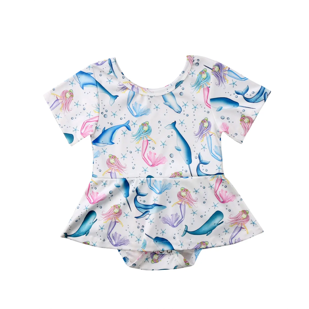 2018 New Baby Girl Clothing Summer Dolphins Mermaid Print Newborn Baby Girl Romper Dress Sunsuit Playsuit Outfit Kids Clothes Baby Onesies