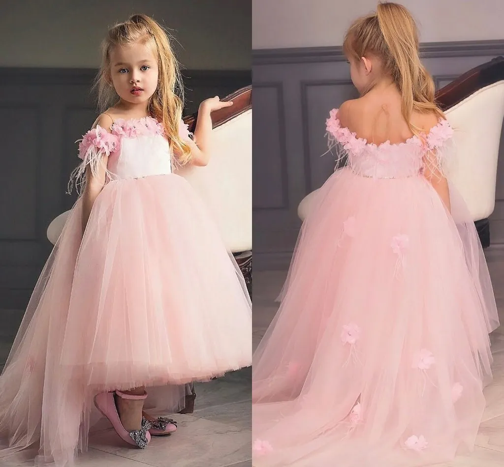 Off The Shoulder Pink Flower Girls Dresses Sheer Neck Feather Tulle Satin Ankle Length Princess Children Birthday Wedding Party Dresses