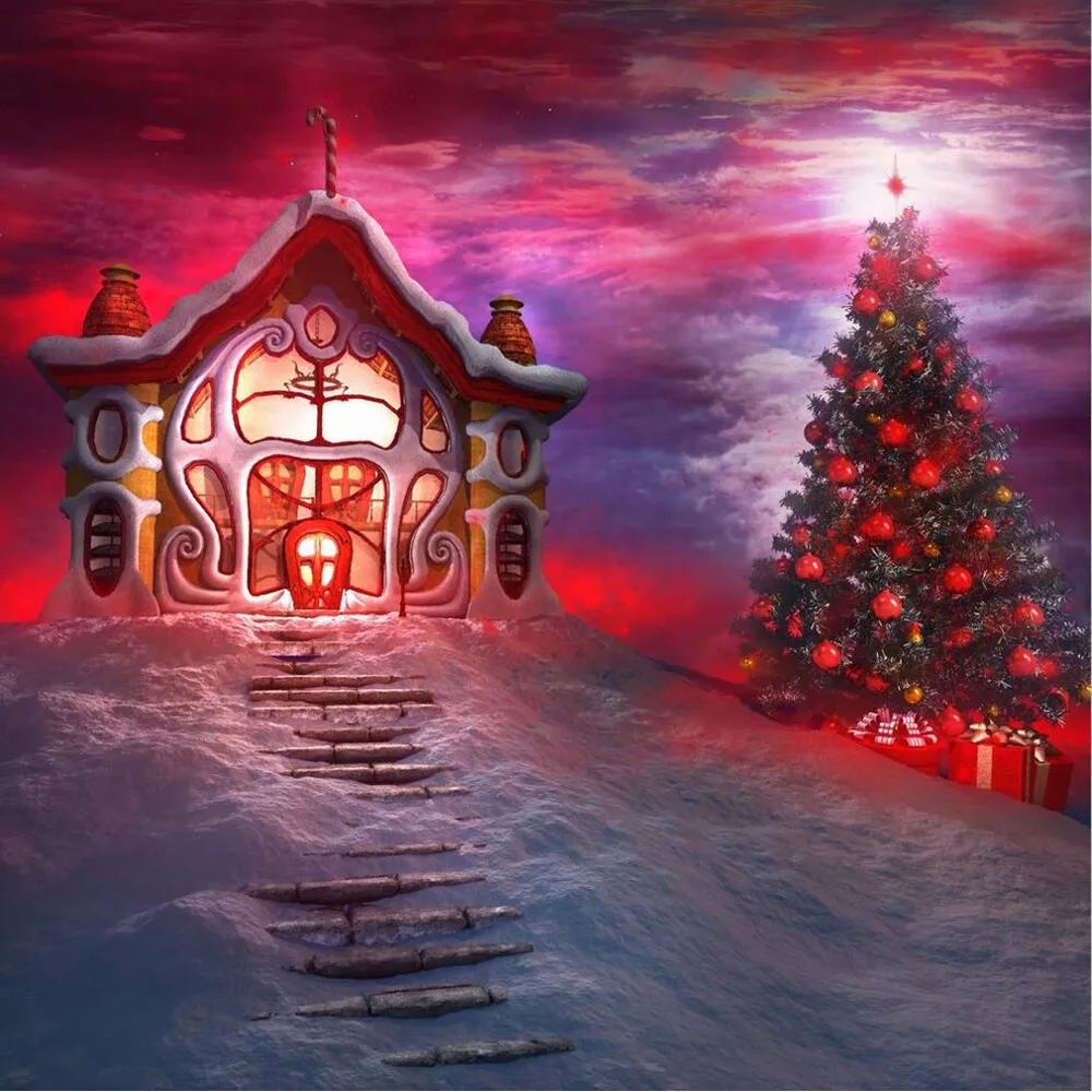 Sfondo fotografico per feste da favola per bambini, albero di Natale stampato, casa di Babbo Natale rossa, bellissime nuvole, scale, neve invernale, sfondo panoramico