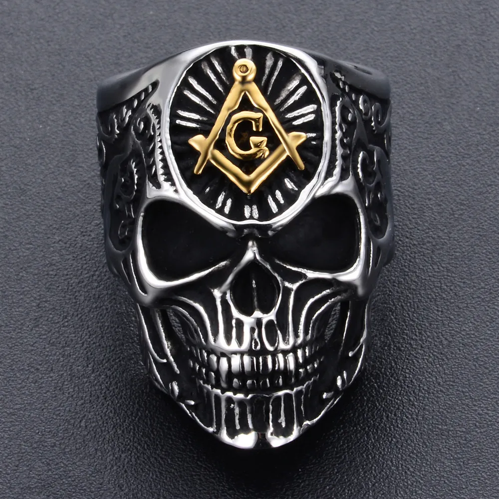 Nyaste 316 Rostfritt stål Män Skalle Head Masonic Signet Ring Unique Special Design Punk Gothic AG Emblem Freemason Skelett Antik Retro Smycken