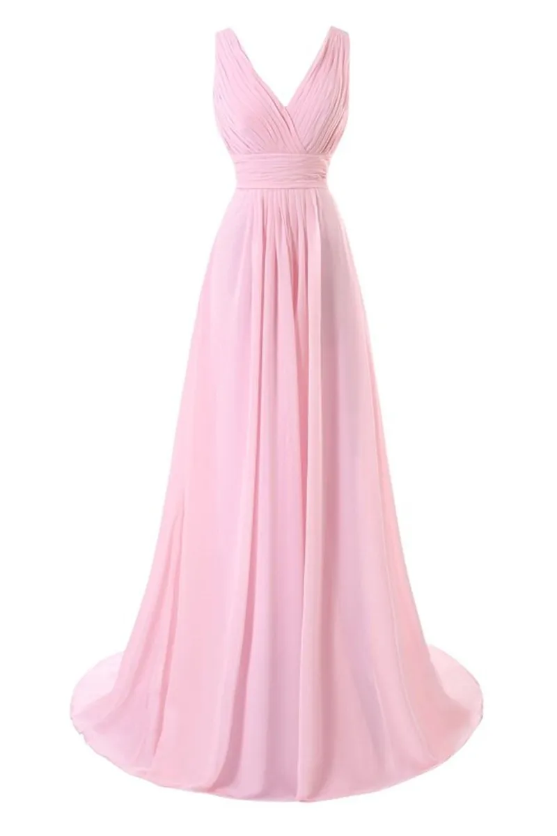 V Neck Pink A Line Pageant Evening Dresses Women's Chiffon Long Custom Bridal Gown Special Occasion Prom Bridesmaid Party Dress