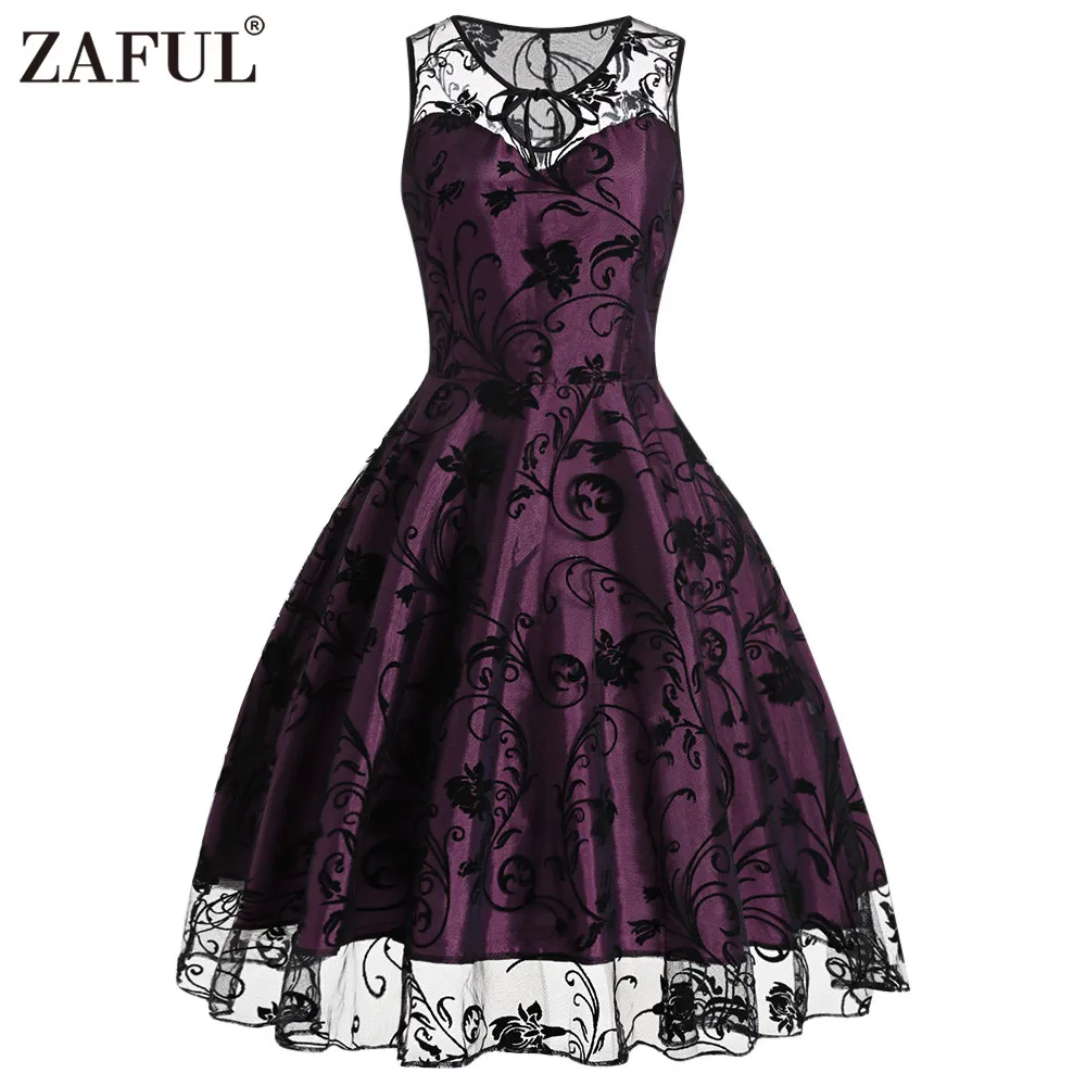 Gros-ZAFUL vintage rétro femmes robe midi 2017 été sans manches maille o cou violet robe de festa robe femme élégante robe de soirée