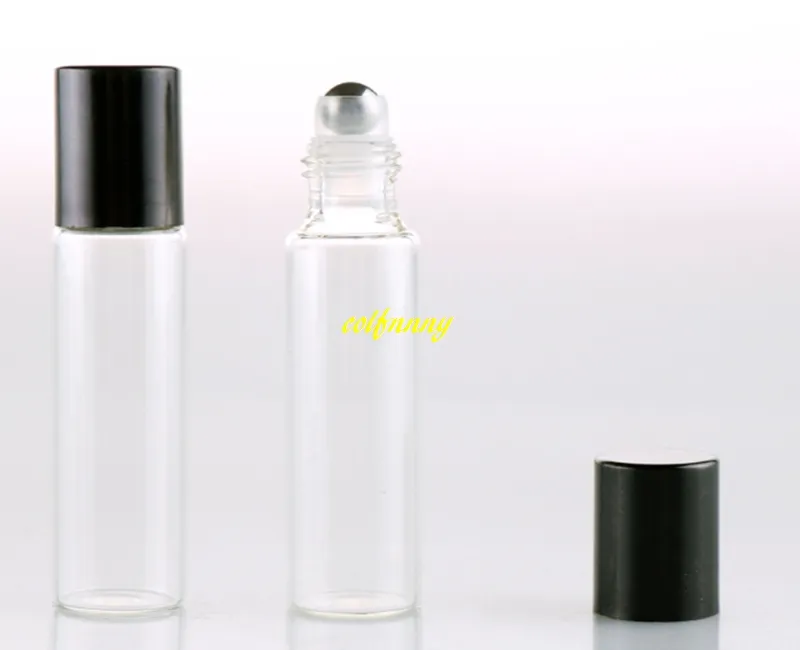 100st / parti 10ml Klar glasrulle på eteriska oljor Parfymflaskor med rostfritt stål rullboll 10cc transparent flaska