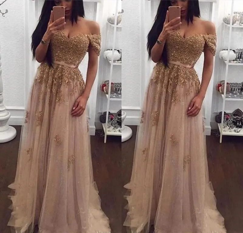New Sparkly Sexy Cheap Prom Dresses Off Shoulder Cap Sleeves Gold Lace Crystal Beaded Champagne Tulle Long Formal Party Dress Evening Gowns