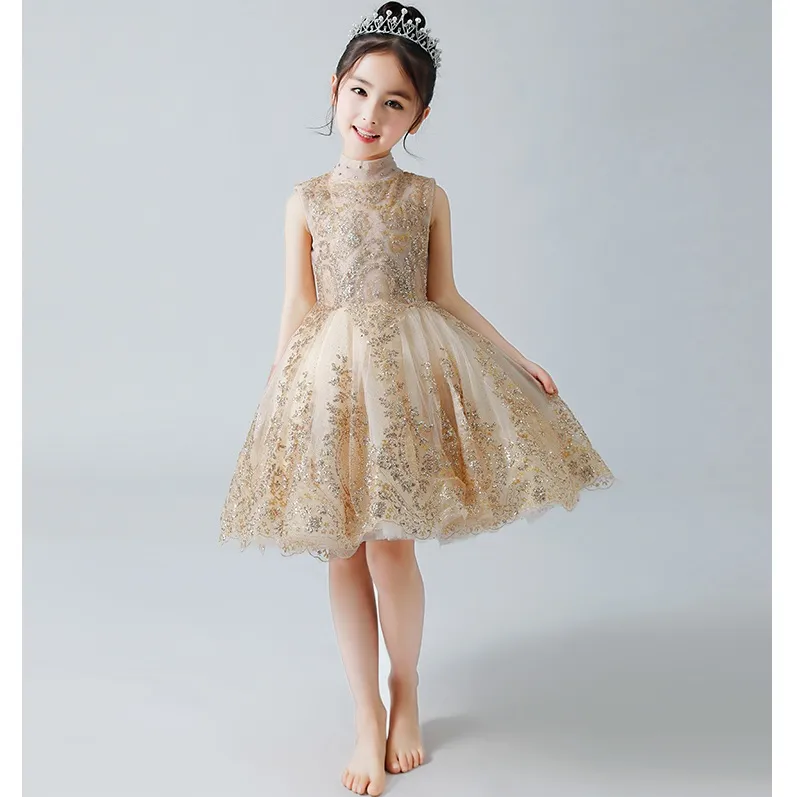 Pırıltılı Altın payetli Çiçek Kız Elbise Düğün İçin Boncuklu Kısa Bebek Yarışması Gowns Yüksek Boyun Diz Boyu Tül Çocuk Abiye