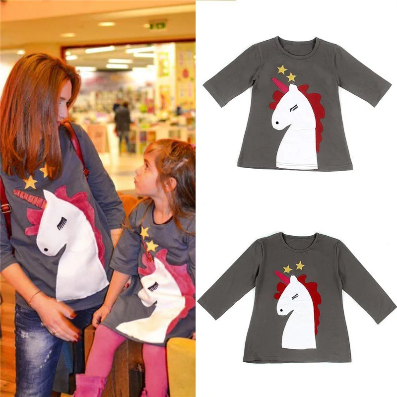 Moda Mãe e filha roupas dos desenhos animados do unicórnio impressão camisas de manga comprida T Tops Primavera Outono Mesma roupa Familiares Crianças 2-6T S-XL