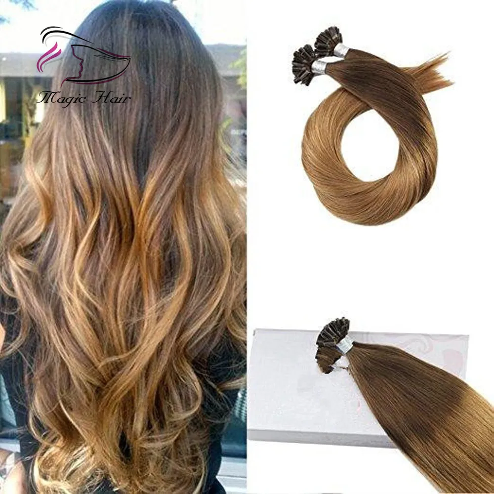 U Tip Queratina Remy Extensão Do Cabelo Humano Chocolate Marrom # 4 Ombre para Caramelo Loira # 27 (# T427)